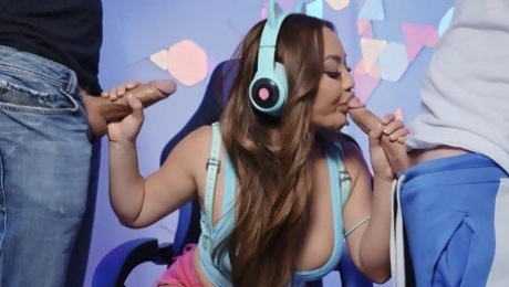 Asian with curvy lines handles pair of dicks in loud MMF